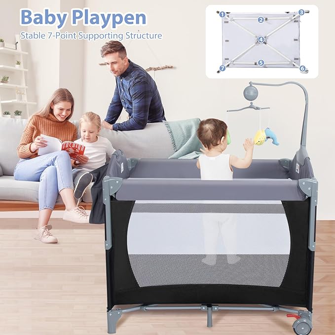 5-in-1 Baby Bassinet Bedside Crib, Pack and Play Long Next to Parents Bed Crib with Toys & Music Box, Mattress, Foldable Playard, Playpen Travel Bed Nursery Center for Girl Boy Infant Newborn