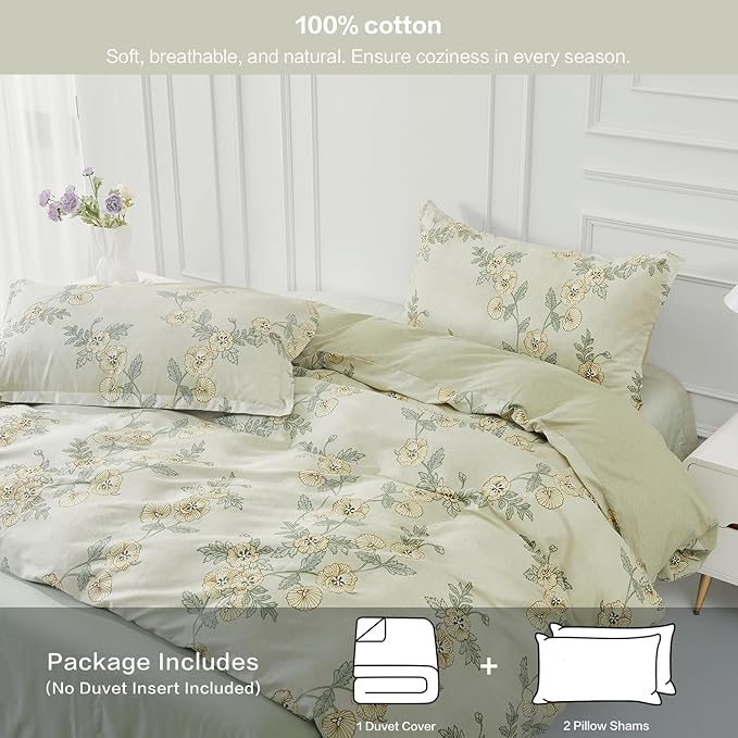 SAPHREAS Green Leaf Cotton Duvet Cover Set King Size 3pcs Tropical Botanical Yellow Flower Bedding Comforter Cover Set 1 Duvet Cover 2 Pillow Shams, Comforter Not Included