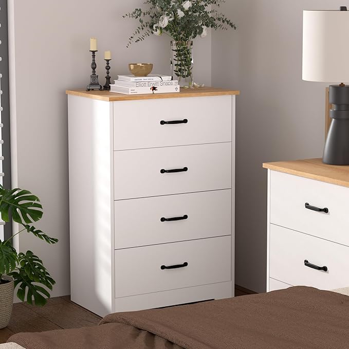 Farmhouse 4 Drawer Dresser, Small Wooden Chest of Drawers Classic White Dresser for Bedroom Living Room Entryway (White, 4 Drawer)