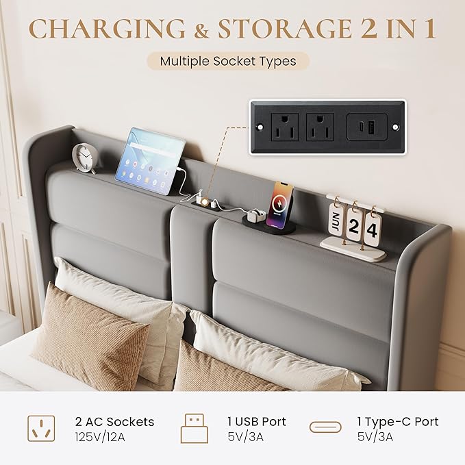 SHA CERLIN Queen Size Bed Frame with Charging Station & Storage Headboard, Velvet Platform Bed with Upholstered Modern Wingback Design, Wooden Slats Support, No Box Spring Needed, Easy Assembly, Grey