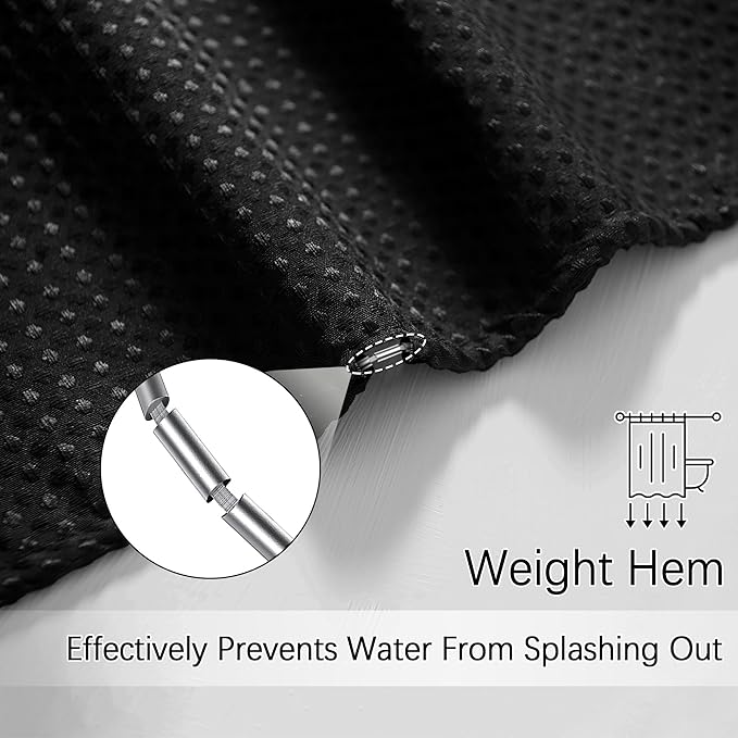 Black Shower Curtain 256GSM Heavy Duty Waffle Woven Bathroom Shower Curtains, Weighted Fabric for Hotel Spa Luxury Polyester Bath Curtain with 12 Hooks, 72Wx72H