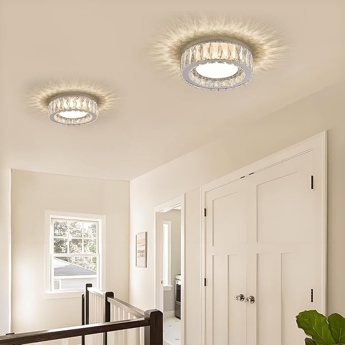 Dimmable Modern Luxury Crystal LED Flush Mount Ceiling Light,11 Inch 24W/5CCT 3000K-6000K Chrome Small Close to Ceiling Lighting Fixtures for Kitchen,Entryway,Laundry Room,Porch,Hallway