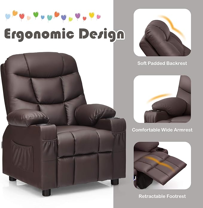 Kids Recliner, Kids Recliner Chair w/ 2 Cup Holders, PU Leather Kids Chairs Compy w/Adjustable Backrest & 3 Pockets, Toddler Furniture Sofa for Boys Girls Aged 3+ (Brown)