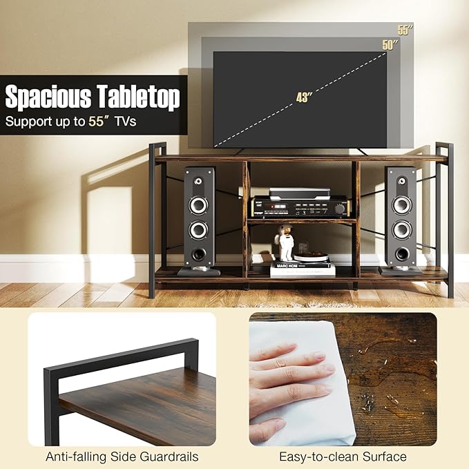 Tangkula Industrial TV Stand for 55” TVs, Entertainment Center with 4 Open Shelves, 3-Tier Media Console Table with Heavy-Duty Metal Frame & Side Guardrails for Living Room (Rustic Brown, 47" L)