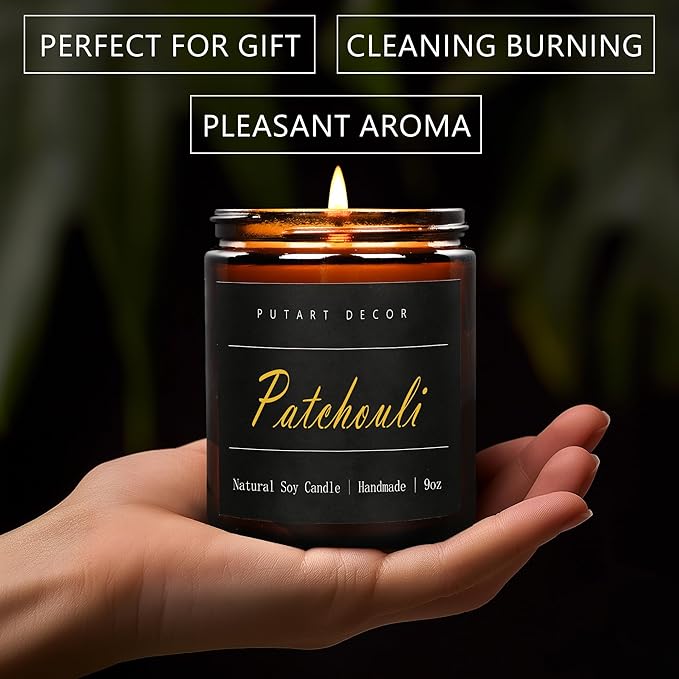 Patchouli Scented Candles for Home, 9oz Natural Soy Wax Aromatherapy Organic Santal Candle for Stress Relief, Long Burning & Lasting Jar Candle Gifts for Birthday, Housewarmings, Thanksgiving