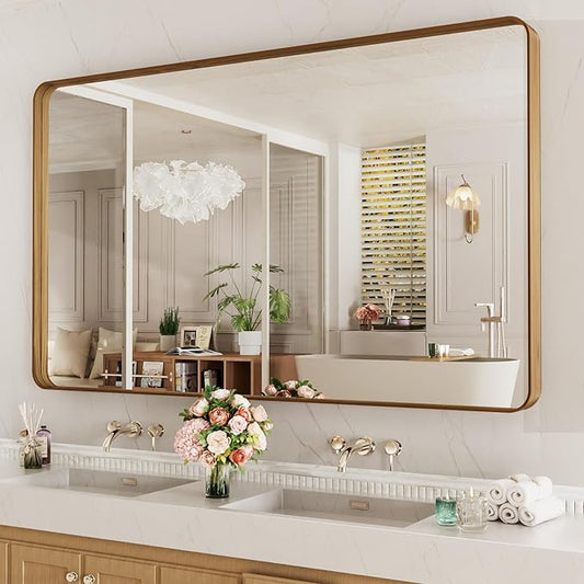 LOAAO 60X28 Inch Bathroom Mirror with Wood Grain Colored Metal Frame, Rounded Rectangle Metal Framed Bathroom Mirror, Anti-Rust, Hangs Horizontally or Vertically, Tempered Glass