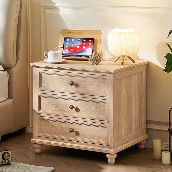 Farmhouse Nightstand with Charging Station, 24" Wide End Table with 3 Drawers,Natural Wood Dresser for Bedroom, Bed Side Table Chest of Drawers Cabinet,Night Stand for Living Room, Closet