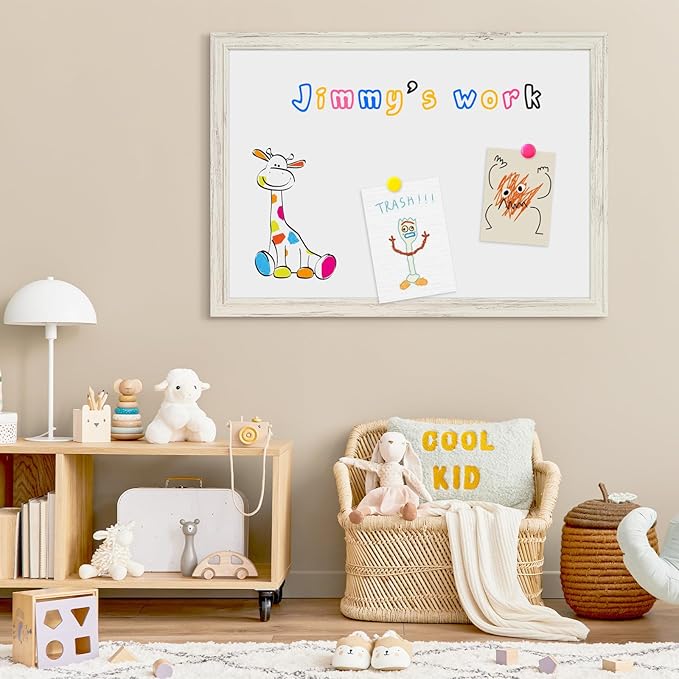 4 THOUGHT Dry Erase Board, 18 x 24 in Magnetic Whiteboard White Vintage Wood Frame Wall-Mounted White Board Decorative Notice Board for School, Office, Home, 6 Magnets 4 Markers 1 Eraser