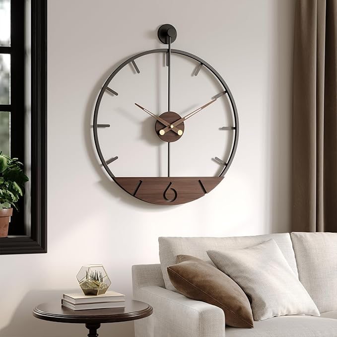 Large Wall Clock 30 Inch Modern Battery Operated Wall Clock for Living Room Decor, Walnut Wood Dial with Black Metal Frame, Silent Non Ticking Clocks for Kitchen, Office, Bedroom