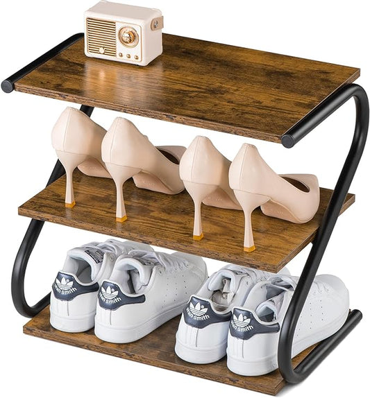 Small 3-Tier Shoe Rack, Z-Frame Wooden Shoe Shelf with Durable Metal Shelves for Hallway, Living Room, Closet, Bedroom (17.2”)