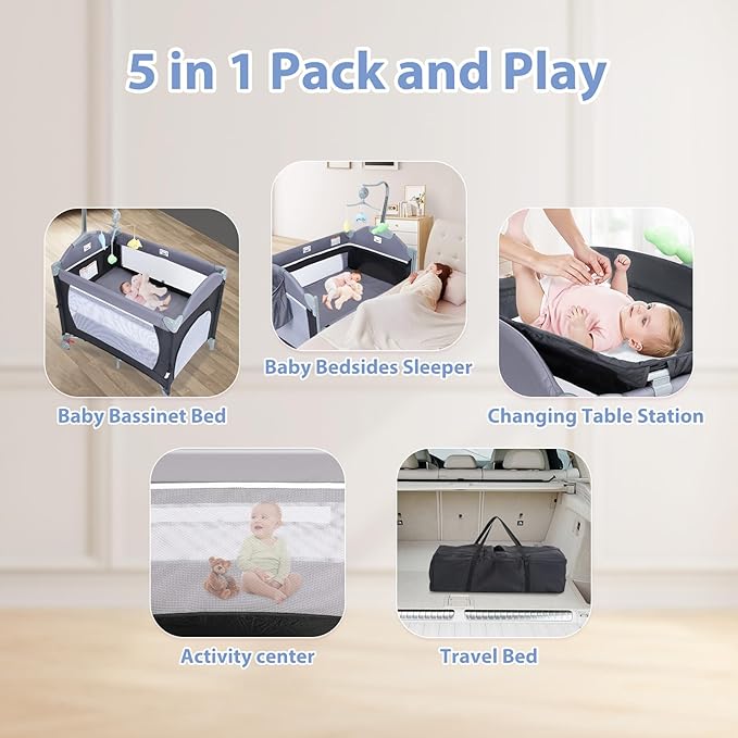 5-in-1 Baby Bassinet Bedside Crib, Pack and Play Long Next to Parents Bed Crib with Toys & Music Box, Mattress, Foldable Playard, Playpen Travel Bed Nursery Center for Girl Boy Infant Newborn