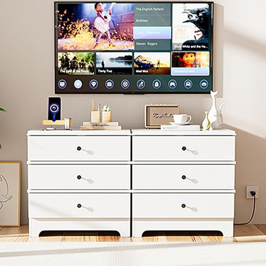 Farmhouse Nightstand with 3 Drawers, 24" End Table & Modern Bedside Table with Charging Station, Wood Nightstands Storage Cabinet for Bedroom Hallway, Entryway, White Set of 2