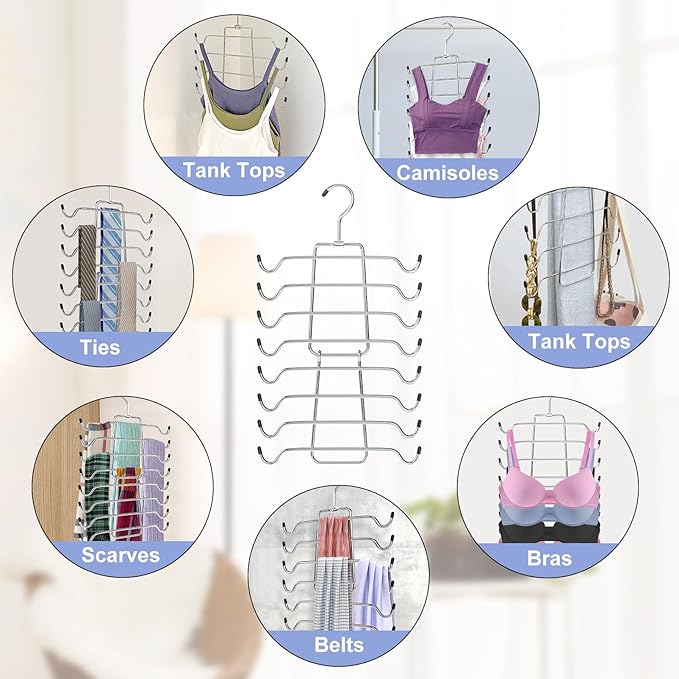 2Pcs Tank Top Hangers Space Saving Hanger Organizer Bra Hangers for Closet Organizer 360° Rotating Metal Closet Organizers and Storage Lingerie Hangers for Cami Bras Belts Swimsuits Lingeries Silver