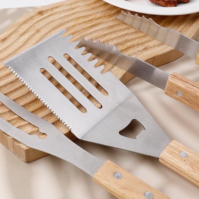 Artisanal Wood-Handled BBQ Set - Robust Stainless Steel Spatula, Fork & Tongs | Stylish Family Gathering Outdoor Camping Grill Tools