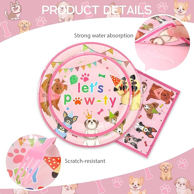 96pcs Kids Birthday Party Disposable Tableware Set Pink Pet Dog Pattern for 24 Guests Party Supplies Round Plates（Include Plates, Cups and Napkins）