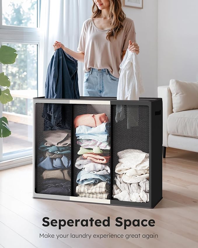SOLEDI Laundry Hamper 3 Section with Lid and 3 Pcs Laundry Bag, Large Hamper 3 Compartment 180L, Basket Sorter for Bedroom Blanket Storage