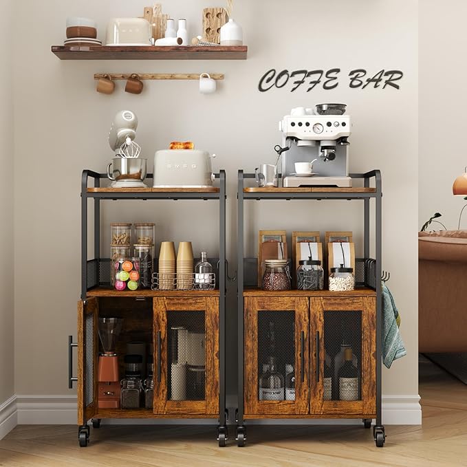 Coffee Cart, 3 Tier Coffee Cabinet with Storage, Small Coffee Station with 2 Doors, Movable Bar Cart with 4 Casters for Home Kitchen, Dining Room, Living Room (Rustic Brown) (Small)