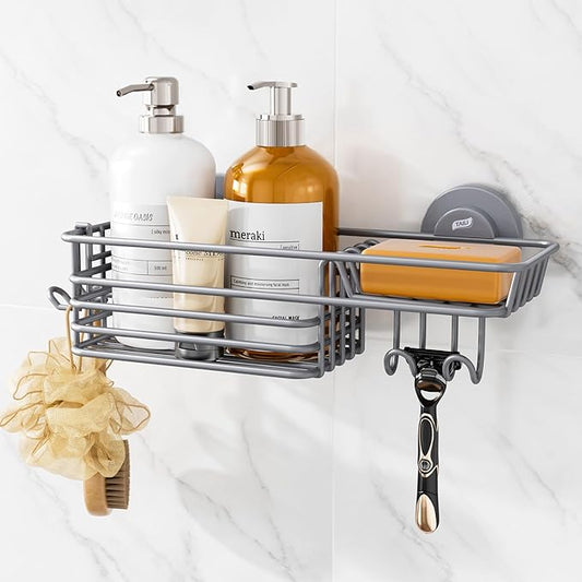 TAILI Shower Caddy Suction Cup with Hooks & Soap holder, Heavy Duty Bathroom Shower Organizer, No Drilling Shower Shelves for Inside bathroom, Metal Black Storage Basket-Grey