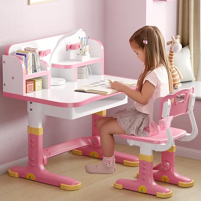 Kids Desk and Chair Set, Height Adjustable Child's School Study Writing Tables, Kids Desk with Bookstand and Storage Drawer, Widened Desktop with Desktop for Boys and Girls