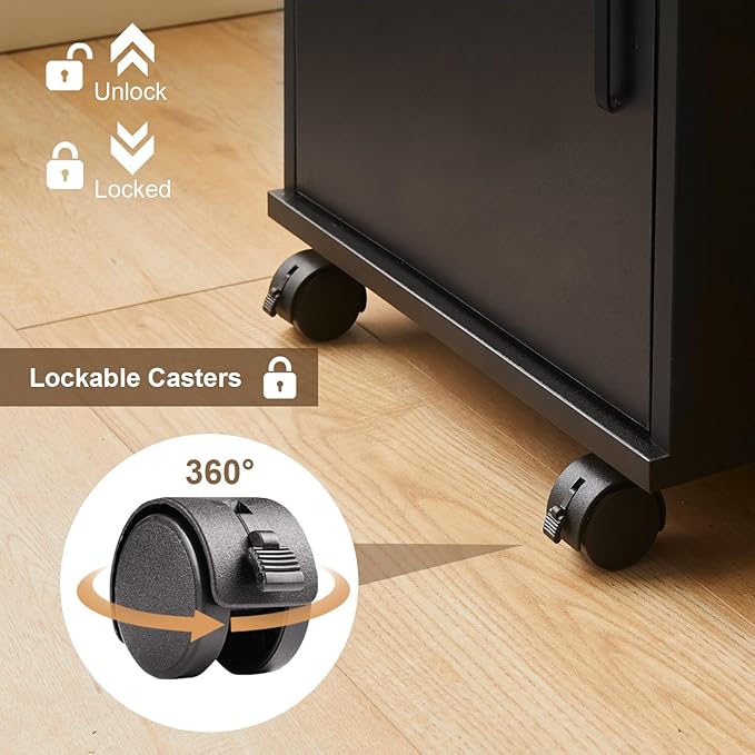 Mobile File Cabinet with Lockable Drawer & Door, Under Desk Storage Cabinet with 360°Swivel Wheels, Wooden Stationery Storage Cabinet for Legal/Letter/ A4 Documents (Black)