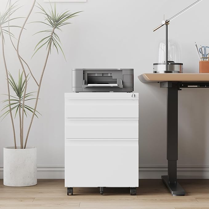 3 Drawer File Cabinet，Mobile Filing Cabinet with Lock and Wheels，Un-Assembled Metal Under Desk File Cabinets for A4/Letter/Legal Size（White