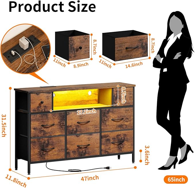 Fixwal TV Stand Dresser for Bedroom with Storage and LED Lights, Rustic Brown 55" TV Stand with 8 Drawers, Fabric Chest of Drawers with Wood Grain Finish for Entryway