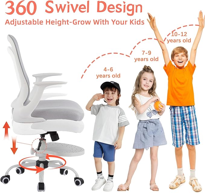 Kids Desk Chair Ergonomic Study Chair Swivel Mesh Desk Chair with Adjustable Arm Height Footrest Wheel Computer Home Office Chair for Children Boys Girls Students Bedroom School Age 5-13 Grey