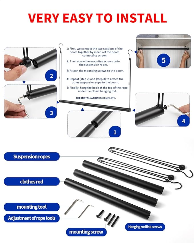 Closet Rods for Hanging Clothes 36'' Black Stepless height adjustment Heavy Duty Closet Rod for Optimize closet storage and organizing space
