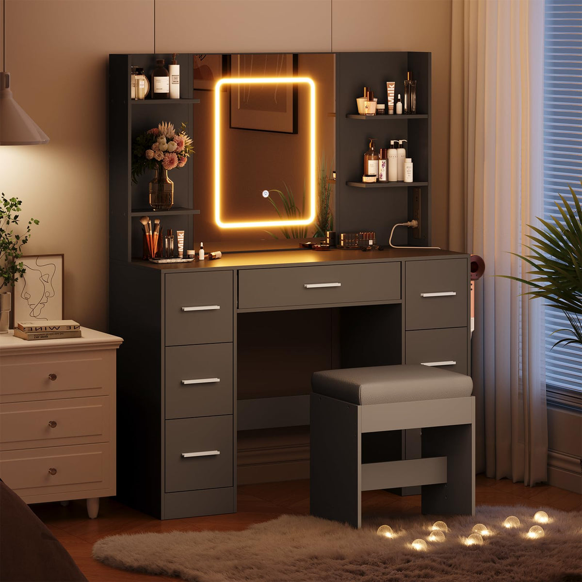 Garvee Makeup Vanity with Mirror and Chair, Power Outlet, Hairdryer Holder, 7 Drawers, 3 Lighting Modes Brightness Adjustable Dressing Table for Bedroom