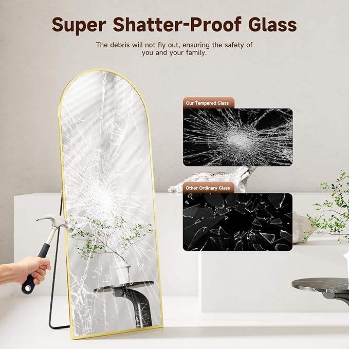 Arched Full Length Mirror 58"x19", Gold Tempered Glass Wall Hanging Mounted Body Length Mirrors with Stand, Large Floor Aluminum Alloy Thin Frame