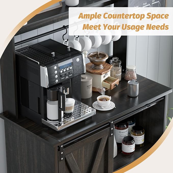 4ever2buy Farmhouse Coffee Bar Cabinet with Sliding Barn Door, 50'' Farmhouse Buffet Cabinet with 6 Hooks, Coffee Bar with Hutch for Living Dining Room, Dark Oak
