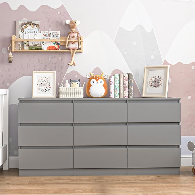 Grey Dresser for Bedroom,Modern Large 9 Drawer Dresser with Deep Drawer,Wide Storage Chest of Drawer,Wood Bedroom Storage Organizer Furniture,TV Stand for Living Room