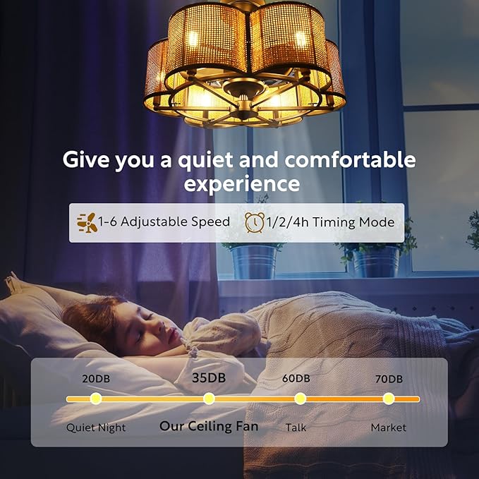 Ceiling Fans with 6-Bulb Lights and Remote, Flower Shaped Ceiling Light with 6 Adjustable Speed and for Bedroom, Kitchen and Living Room, Rattan Shade