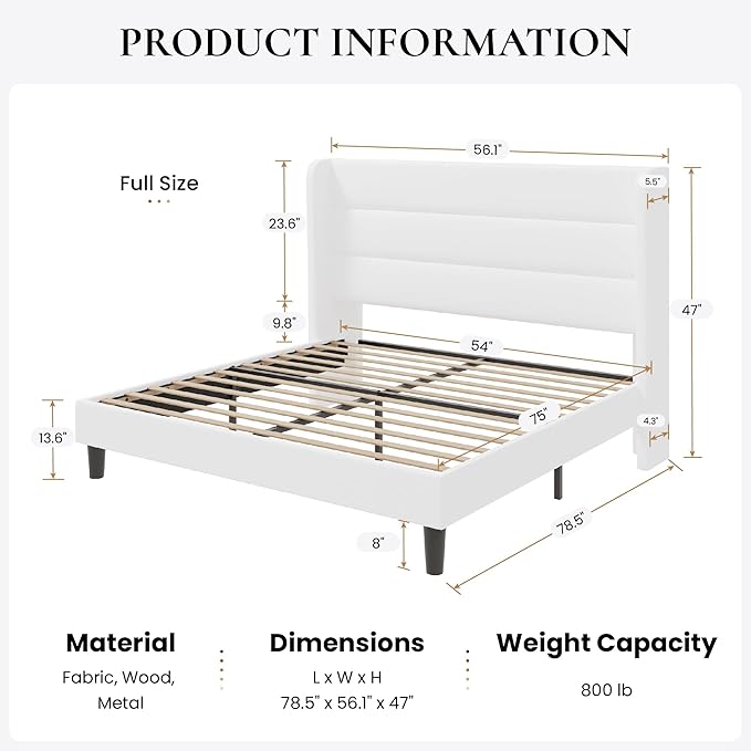 SHA CERLIN Full Size Velvet Bed Frame/Vertical Channel Tufted Wingback Headboard/Upholstered Platform Bed with Wooden Slats/Mattress Foundation/No Box Spring Needed/Easy Assembly/White