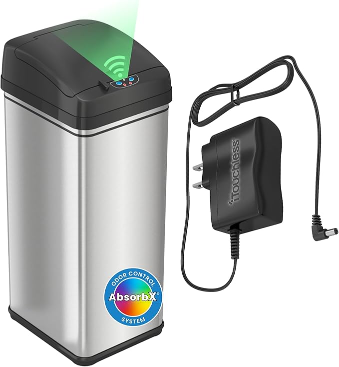 iTouchless 13 Gallon Smart Trash Can with AC Adapter – Motion Sensor Stainless Steel Bin with Odor Control for Kitchens, Offices & Garages