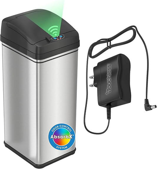 iTouchless 13 Gallon Smart Trash Can with AC Adapter – Motion Sensor Stainless Steel Bin with Odor Control for Kitchens, Offices & Garages