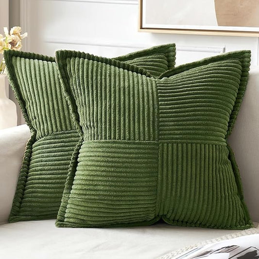 MIULEE Decorative Throw Pillow Covers for Couch Bed Livingroom 16x16 Inch Set of 2 Moss Green Boho Accent Throw Pllows Broadside Striped Patchwork Soft Corduroy Summer Pillowcases