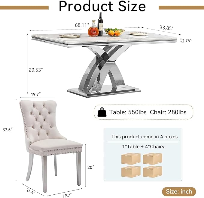 Goujxcy 68" Marble Dining Table Set for 4, Modern Rectangle Dining Room Table Set for 4, Luxury White Silver Marble Kitchen Table and Chairs Set of 4 for Living Room,Kitchen
