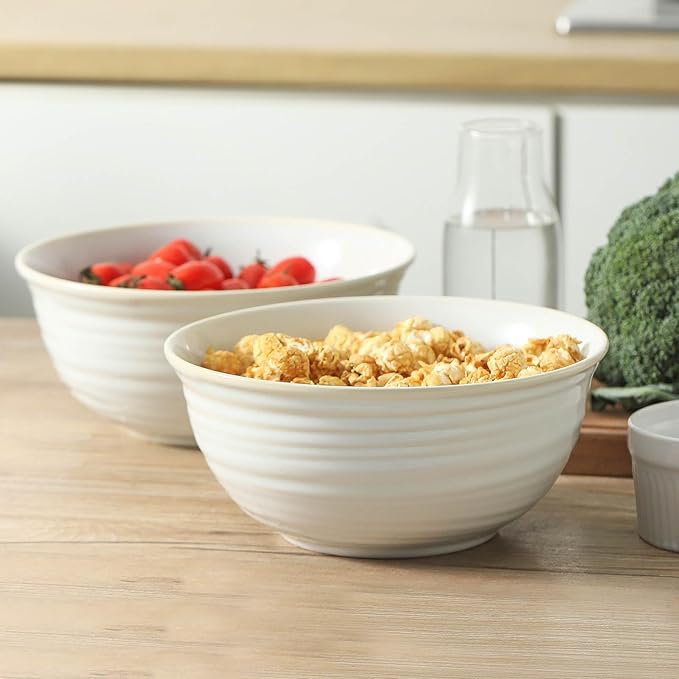 Hasense Ceramic Serving Bowls, 8.3 Inch Large Soup Bowls for Kitchen, 60 Ounces Salad Bowls for Fruit, Ramen, Pasta, Pho, Microwave Dishwasher Safe, Set of 2, Clay-Infused White