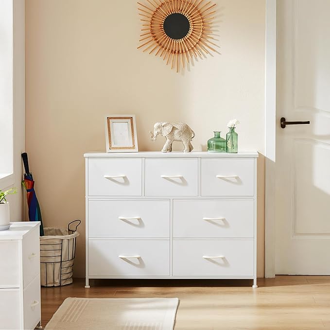 DUMOS Dresser for Bedroom with 7 Fabric Drawers, Chest Organizer Units for Clothing, Closet, Bedroom, Storage Tower with Cabinet, Metal Frame, Wooden Top, Lightweight Nursery Furniture, White