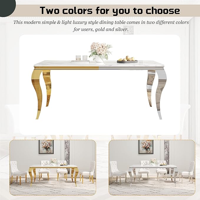 7-Piece Dining Table Set for 6, Faux Marble Dining Table Set with 70'' Marble Dinner Table and 6 Velvet Wing Back Chairs for Kitchen, Dining Room, White & Gold