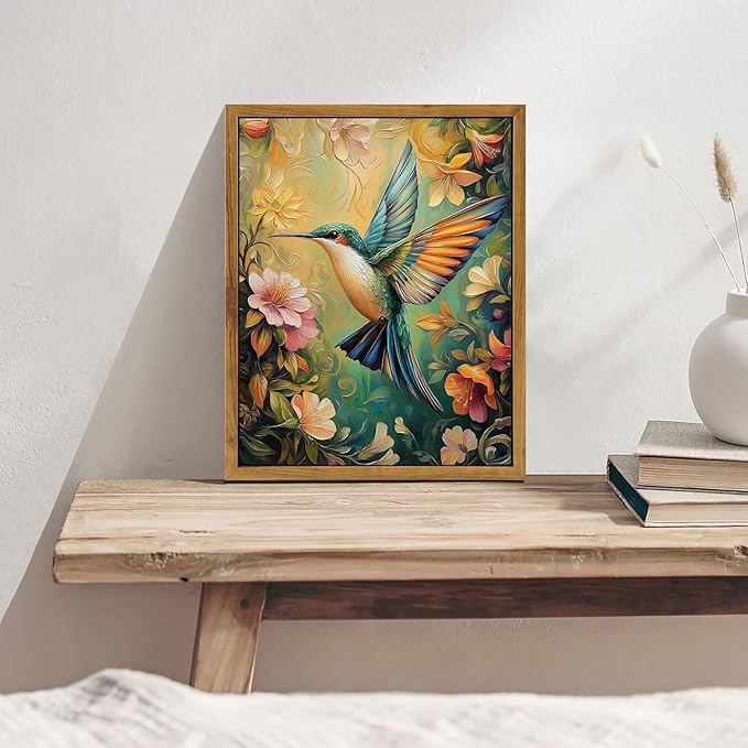 Djmwtb Framed Vintage Wall Art, Colorful Birds Wall Art,Flower Pictures Wall Decor,Nature Botanical Hummingbird Paintings Canvas Artwork Prints for Bedroom, Living Room 16x24in