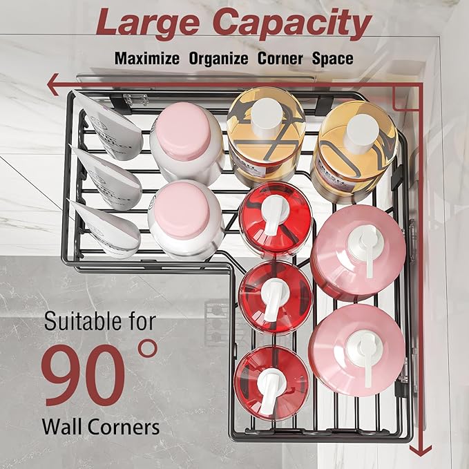 Adhesive Corner Shower Caddy with Soap Holder - Rustproof, No Drilling Shelves Wall Mounted, Organizer for Bathroom, Kitchen & Home Decor. Black, 4-Pack