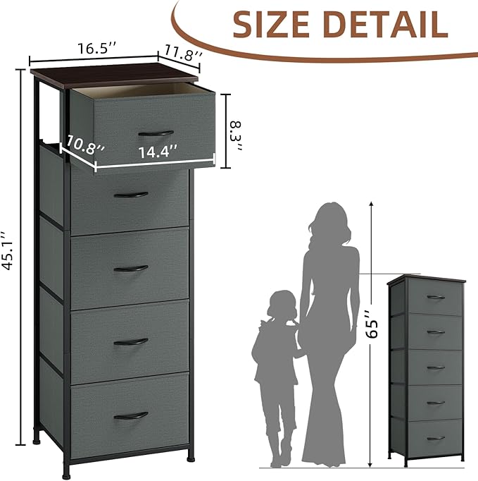 Somdot Tall Dresser for Bedroom with 5 Drawers, Storage Chest of Drawers with Removable Fabric Bins for Closet Bedside Nursery Laundry Living Room Entryway Hallway, Charcoal Grey