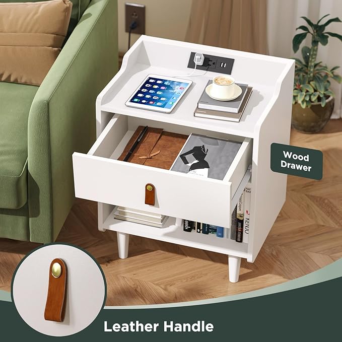 White Nightstand with Charging Station, Night Stand with Drawer and Leather Pull, Modern Bedside Table with Raised Edges& Wood Feet, Bed Side Table Bedroom End Table