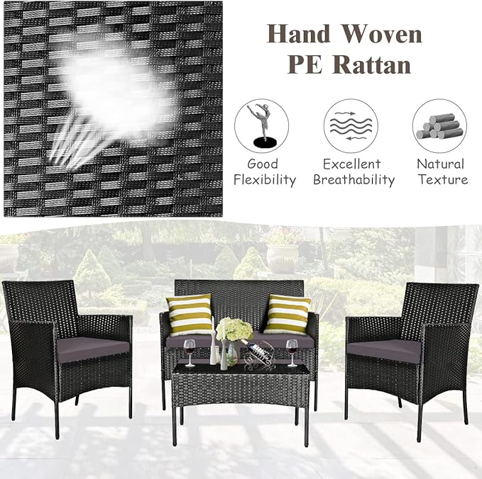 Tangkula 8 Pieces Patio Rattan Conversation Set, Outdoor Wicker Furniture Set with Tempered Glass Coffee Table &Thick Cushion, Rattan Chair Wicker Set for Garden, Lawn, Poolside and Backyard