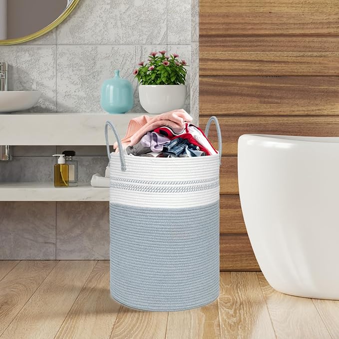 58L Tall Laundry Basket, Cotton Rope Laundry Hamper, Laundry Hamper with Handles, Decorative Woven Basket for Dirty Clothes, Blankets, Pillows in Bathroom, Bedroom (Gray, 15 x 20in)