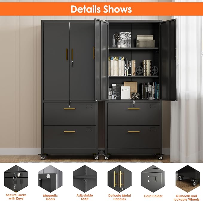 Aobabo Metal 2 Drawers Lateral File Storage Cabinet and Unit Adjustable Shelf Organizer, 2 Door Storage Office Steel Files Cabinet with Wheels, Legal/Letter A4 Size, Assembly Required, Black
