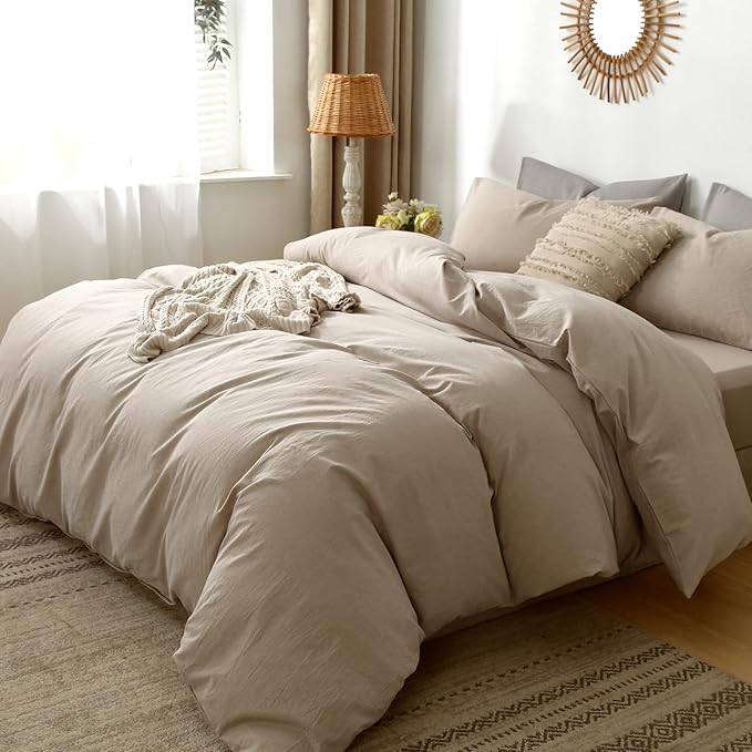 MooMee Bedding Duvet Cover Set 100% Washed Cotton Linen Like Textured Breathable Durable Soft Comfy (Heathered Taupe, Palatial King/Oversized King 120"x98")