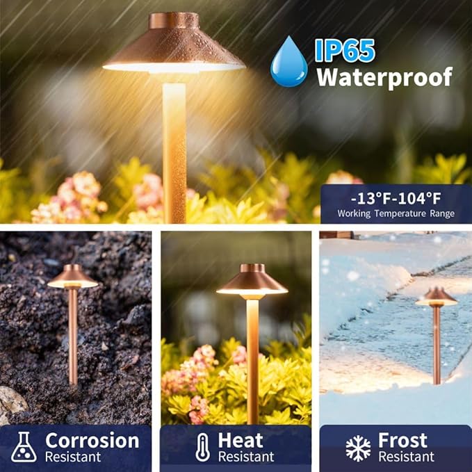 Brass Copper Low Voltage Path Lights, Landscape Pathway Light, 12V LED Outdoor Bronze Hat Top Walkway Lamp for Driveway Yard Garden with 3W 270LM 5000K G4 Bulb 4 Pack